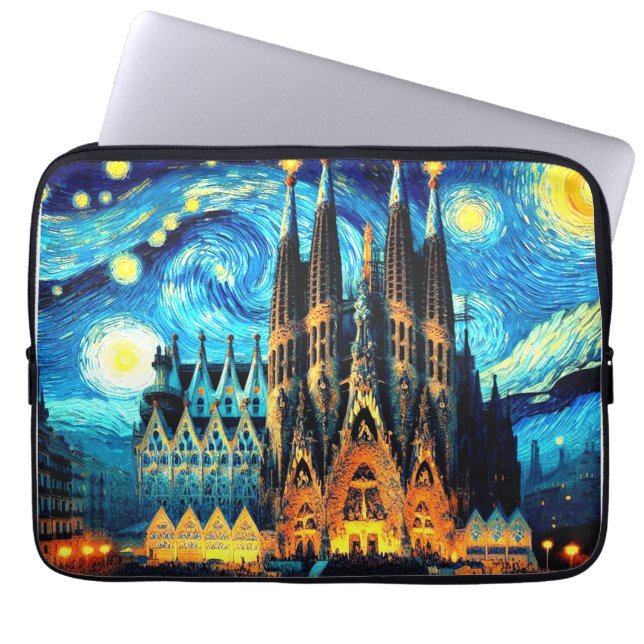 Starry Sagrada Familia Barcelona Laptop Sleeve (Voorkant)