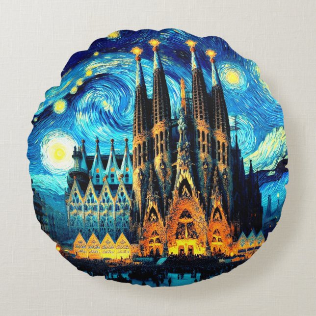 Starry Sagrada Familia Barcelona Rond Kussen (Voorkant)