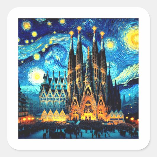 Starry Sagrada Familia Barcelona Vierkante Sticker (Voorkant)
