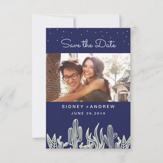 Starry Sky en Cactus Navy Photo Save the Date (Voorkant)