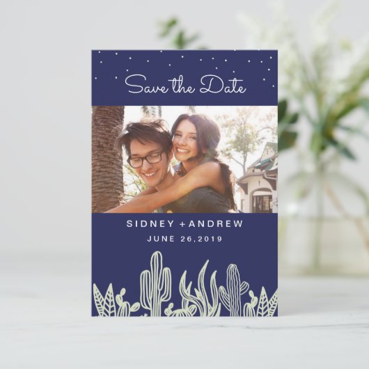 Starry Sky en Cactus Navy Photo Save the Date (Staand voorkant)