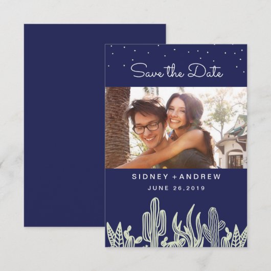 Starry Sky en Cactus Navy Photo Save the Date (Voorkant / Achterkant)