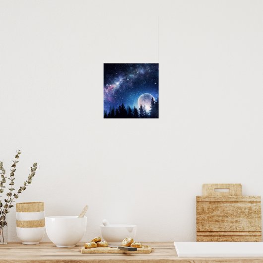 Starry Sky en Moon boven een bos Poster (Keuken)