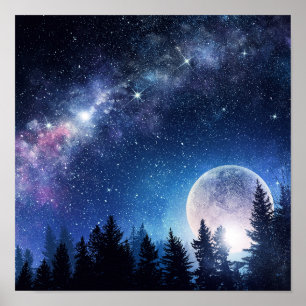 Starry Sky en Moon boven een bos Poster