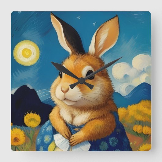Starry Spring Bunny Clock Vierkante Klok (Voorkant)