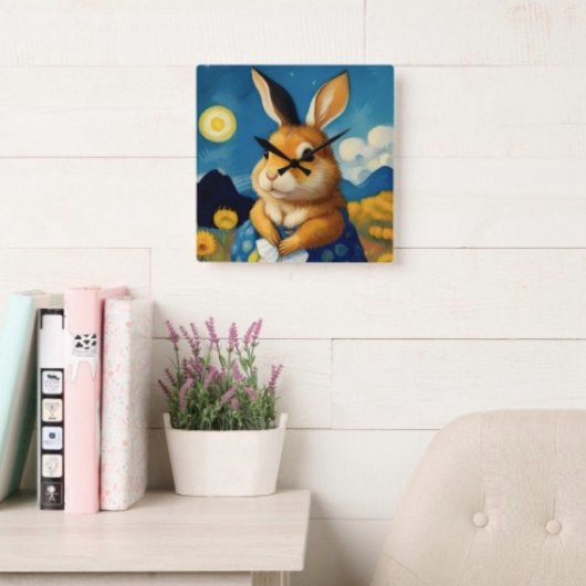 Starry Spring Bunny Clock Vierkante Klok