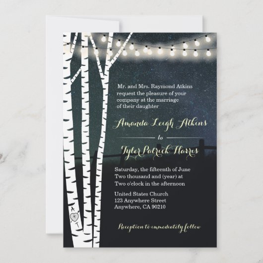 Starry String Light Birch Tree Wedding Invitations Kaart (Voorkant)