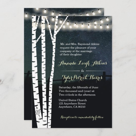 Starry String Light Birch Tree Wedding Invitations Kaart (Voorkant / Achterkant)