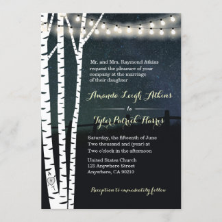 Starry String Light Birch Tree Wedding Invitations Kaart