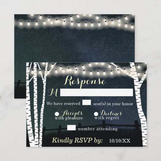 Starry String Light Birch Tree Wedding RSVP-kaarte RSVP Kaartje (Voorkant / Achterkant)