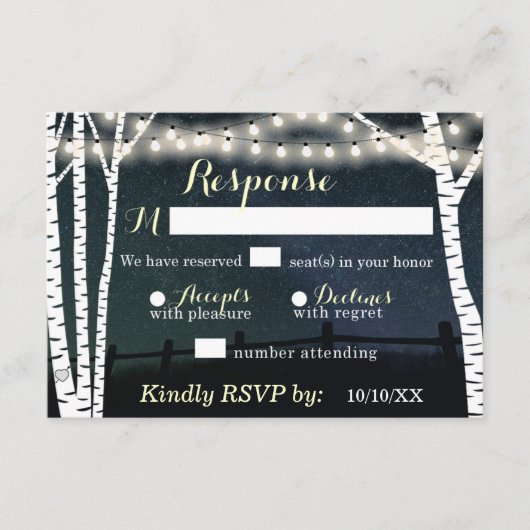 Starry String Light Birch Tree Wedding RSVP-kaarte RSVP Kaartje (Voorkant)