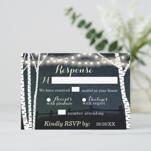 Starry String Light Birch Tree Wedding RSVP-kaarte RSVP Kaartje (Staand voorkant)