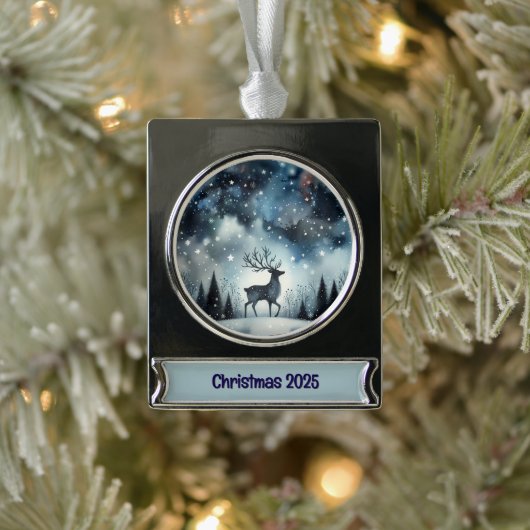 Starry Winter Night Deer Verzilverd Banner Ornament (Boom)