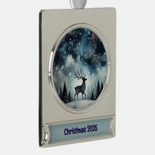 Starry Winter Night Deer Verzilverd Banner Ornament (Rechts)