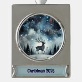 Starry Winter Night Deer Verzilverd Banner Ornament (Voorkant)