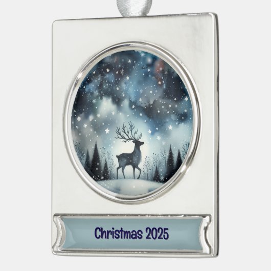Starry Winter Night Deer Verzilverd Banner Ornament (Links)