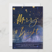 Starry Winter Night Merry en Bright Blue en Gold Feestdagenkaart (Voorkant)