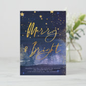 Starry Winter Night Merry en Bright Blue en Gold Feestdagenkaart (Staand voorkant)
