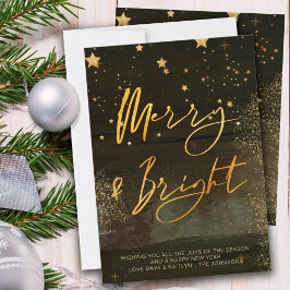 Starry Winter Night Merry en Bright Gold Script Feestdagenkaart