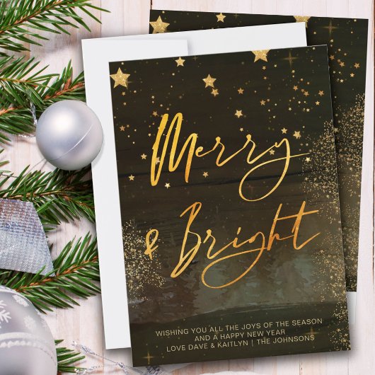 Starry Winter Night Merry en Bright Gold Script Feestdagenkaart