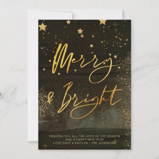 Starry Winter Night Merry en Bright Gold Script Feestdagenkaart (Voorkant)