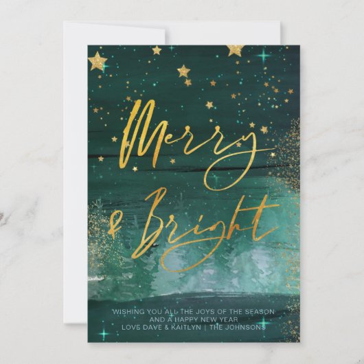 Starry Winter Night Merry en Bright Green Gold Feestdagenkaart (Voorkant)