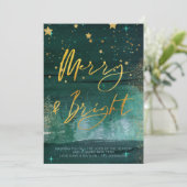 Starry Winter Night Merry en Bright Green Gold Feestdagenkaart (Staand voorkant)