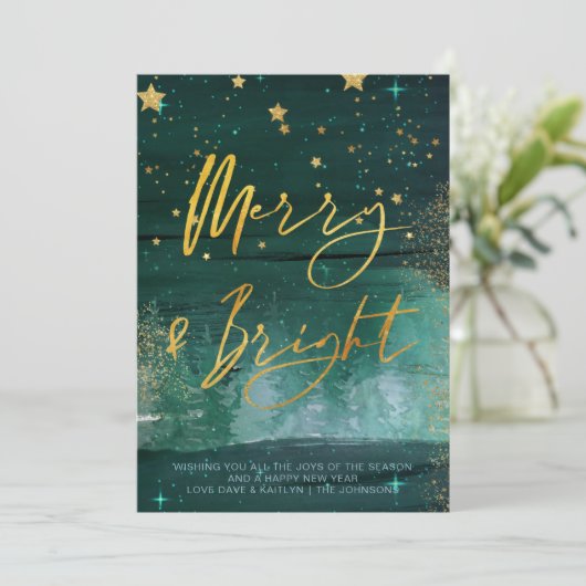 Starry Winter Night Merry en Bright Green Gold Feestdagenkaart (Staand voorkant)