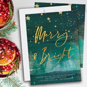 Starry Winter Night Merry en Bright Green Gold Feestdagenkaart