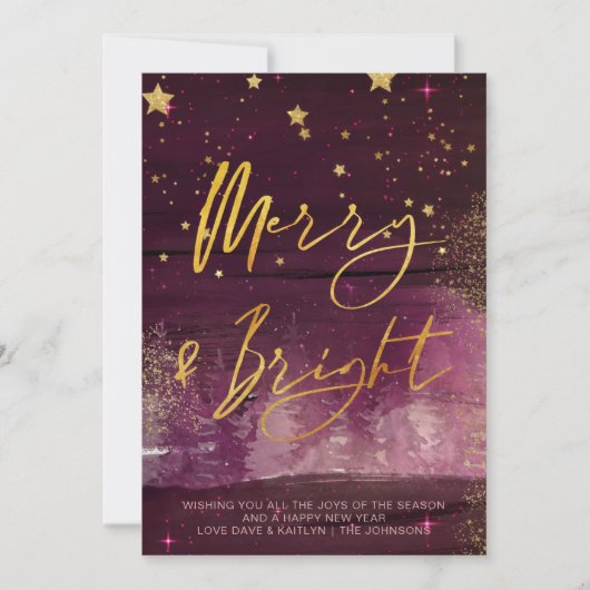 Starry Winter Night Merry en Bright Ruby Gold Feestdagenkaart (Voorkant)