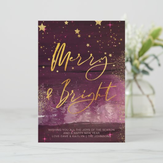Starry Winter Night Merry en Bright Ruby Gold Feestdagenkaart (Staand voorkant)