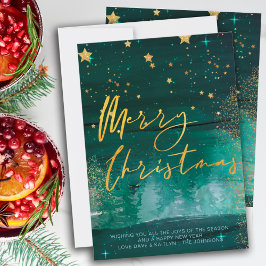Starry Winter Night Merry kerst Green Gold Feestdagenkaart