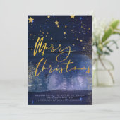 Starry Winter Night Merry KerstBlue Gold Holi Feestdagenkaart (Staand voorkant)