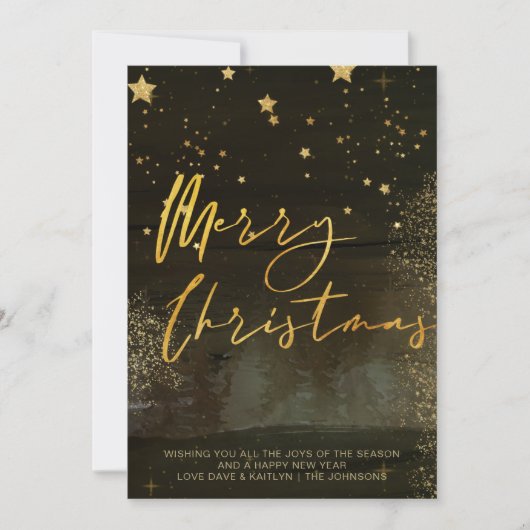 Starry Winter Night Merry Kerstscript Gold Feestdagenkaart (Voorkant)