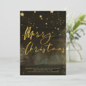 Starry Winter Night Merry Kerstscript Gold Feestdagenkaart (Staand voorkant)