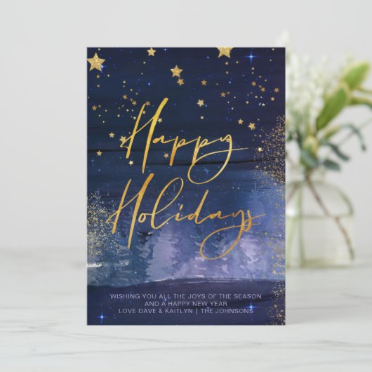 Starry Winter Night Prettige feestdagen Blue en Go Feestdagenkaart (Staand voorkant)
