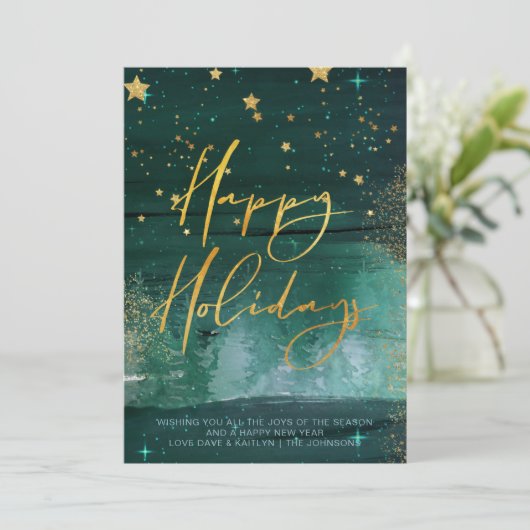 Starry Winter Night Prettige feestdagen Green Gold Feestdagenkaart (Staand voorkant)