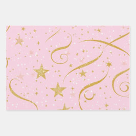 Starry Wrap – Roze & Gouden Ster Geschenkverpakkin Inpakpapier Vel
