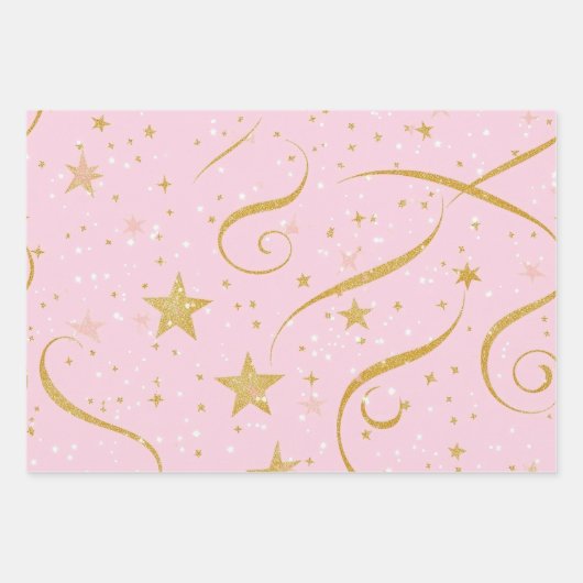 Starry Wrap – Roze & Gouden Ster Geschenkverpakkin Inpakpapier Vel (Voorkant)