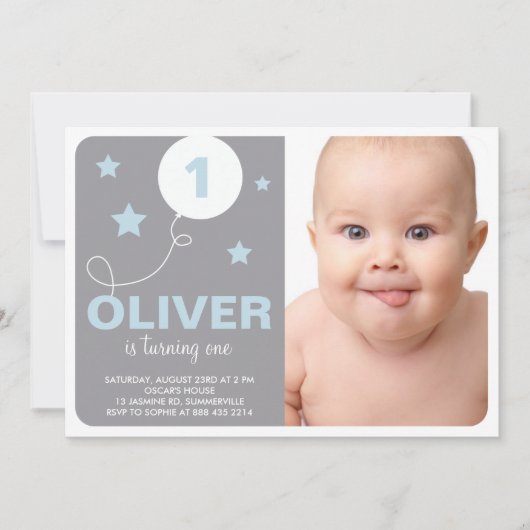 Stars and Balloon Photo Birthday Party Invitation Kaart (Voorkant)