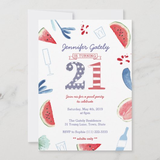 Stars and Stripes 21st Birthday Pool Party Kaart (Voorkant)