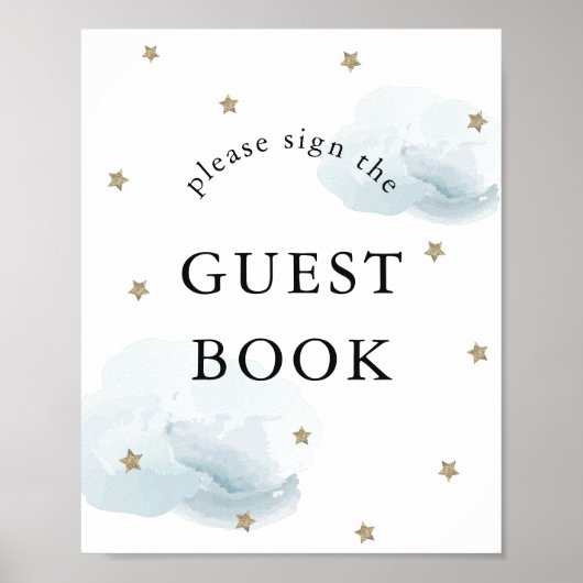 Stars Blue Clouds Baby shower Guest Book Sign Poster (Voorkant)