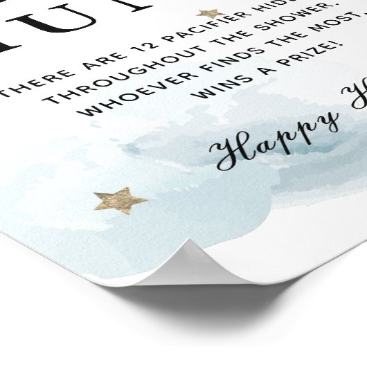 Stars & Blue Clouds Baby shower Pacifier Hunt Poster (Hoek)