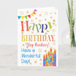 Stars, Bunting, kaarsen voor stap Brother Birthday Kaart<br><div class="desc">Een kleurrijke, op tekst gebaseerde Birthday-kaart voor een Step Brother, met Polka Dot Bunting, heldere, gestreepte verjaardagstaartkaarsen en gestrooid met gouden sterren. In de gepatenteerde tekst staat: "Happy Birthday" en er is ook "Heb een prachtige dag!" in blauwe letters (NB: de gouden effectsterren en omtrekken zijn zoals ze worden gezien...</div>