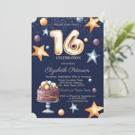 Stars Cake Confetti Sweet 16 Party Kaart (Staand voorkant)