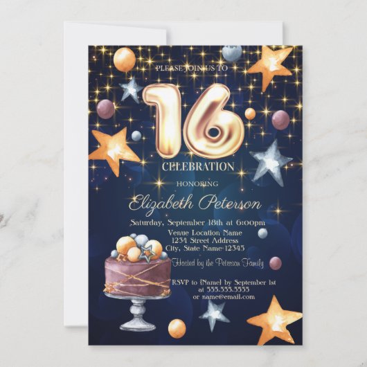 Stars Cake Navy Blue Sweet 16 Invitation Kaart (Voorkant)