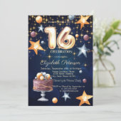 Stars Cake Navy Blue Sweet 16 Invitation Kaart (Staand voorkant)