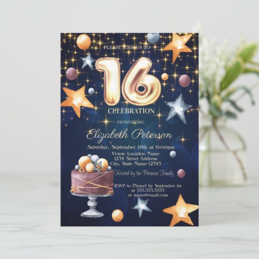 Stars Cake Navy Blue Sweet 16 Invitation Kaart (Staand voorkant)