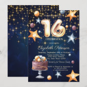 Stars Cake Navy Blue Sweet 16 Invitation Kaart (Voorkant / Achterkant)