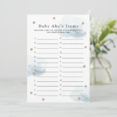 Stars & Clouds Baby ABC Item Shower Game Blue Card Kaart (Staand voorkant)